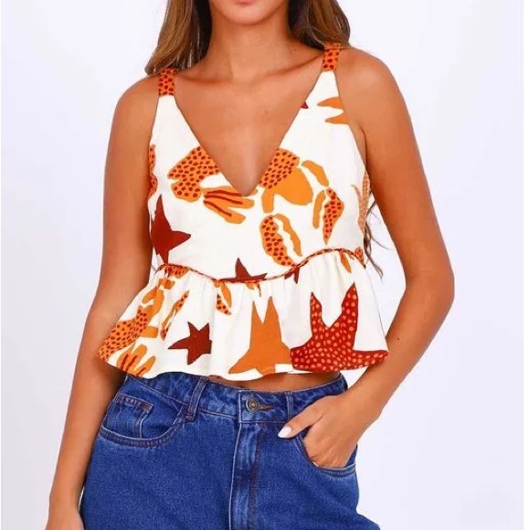 FARM Rio Tops - Farm Rio Blouse Women's Large Lobster Sky Ivory Brown Cotton Cute V‎ Neck Top